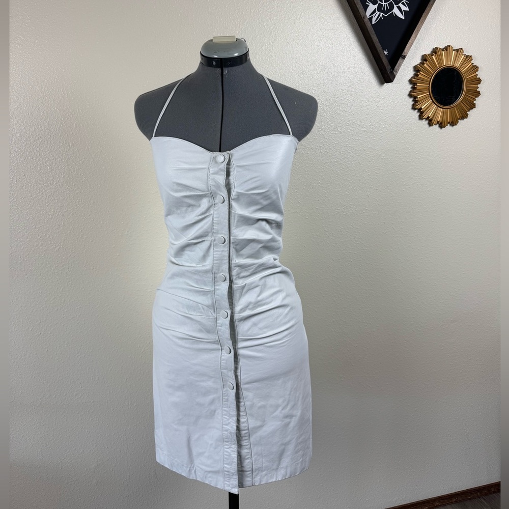 White Leather Halter Mini Dress Snap‎ Front. Y2K Moto Bodycon Festival Western